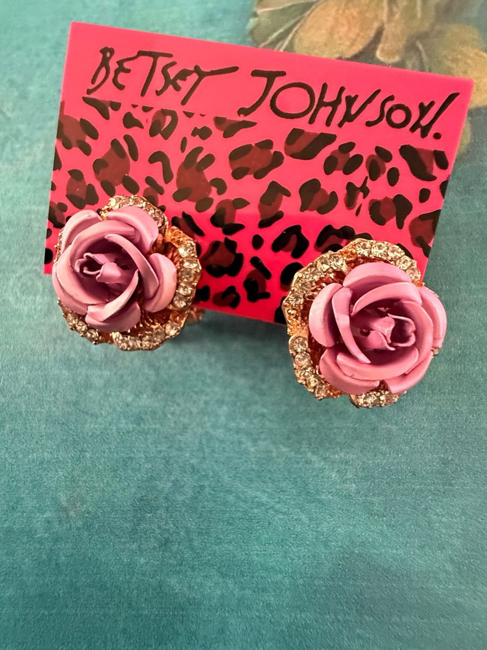 Betsey Johnson Pink Rose Crystal Flower Pierced Earrings